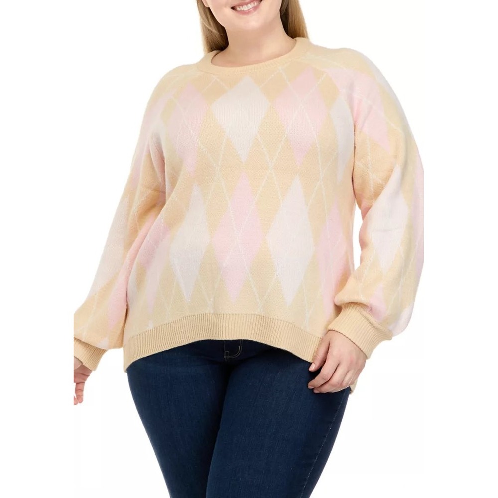 NWT Crown & Ivy Argyle Jacquard Crew Neck Sweater Size‎ 2X Coquette Preppy Comfy